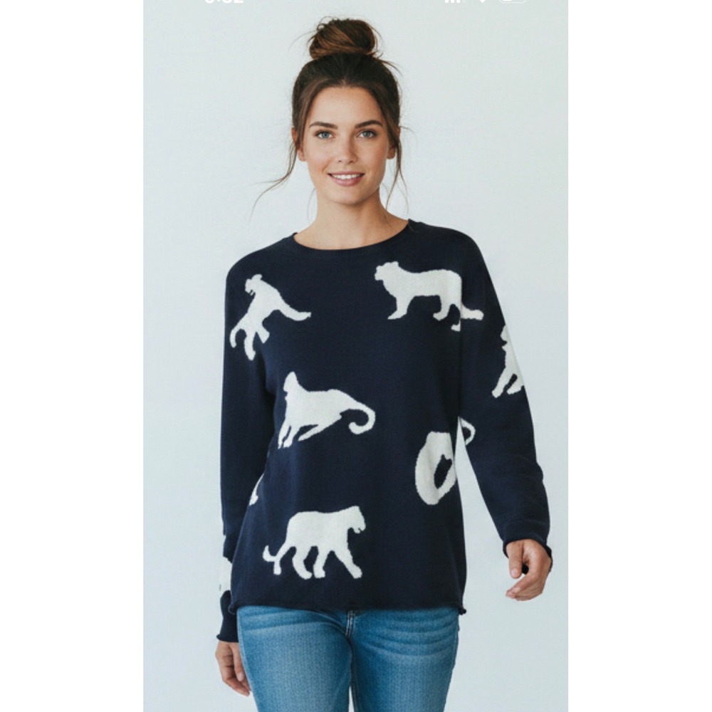Panther Sweater Womens Black White Intarsia Whimsigoth Preppy 46 Bust